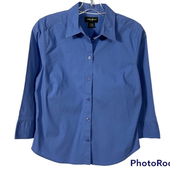 Women’s Eddie Bauer Cotton Blend Blue Button Down Shirt 3/4 Sleeves Size S - Picture 1 of 6